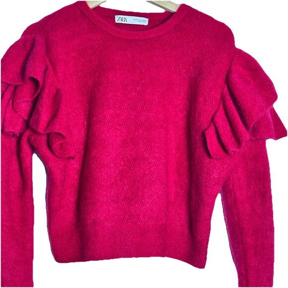 Zara Knit Jumper Size M Mohair Wool Mix Ruffle Cropped Crew Neck Red Burgundy - Picture 2 of 6